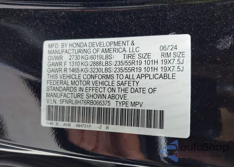 2024 Honda Odyssey Sport from USA, damaged, VIN 5FNRL6H76RB066375